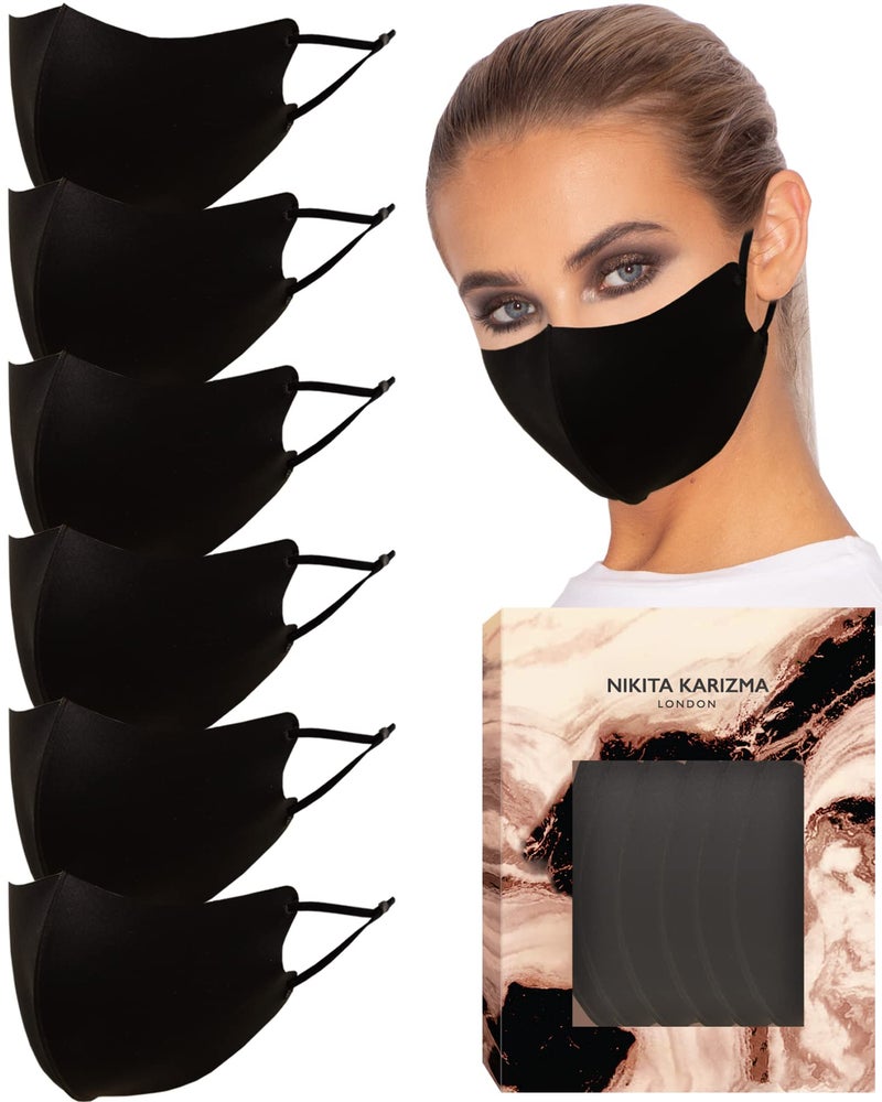 KARIZMA Face Wardrobe Cloth Face Mask for Women Pack. 6 Buttery Soft Black Face Masks Washable Fabric with Adjustable Ear Loops. Face Mask Reusable and Stretchy. Comfortable and Fresh Facemask - Image 1
